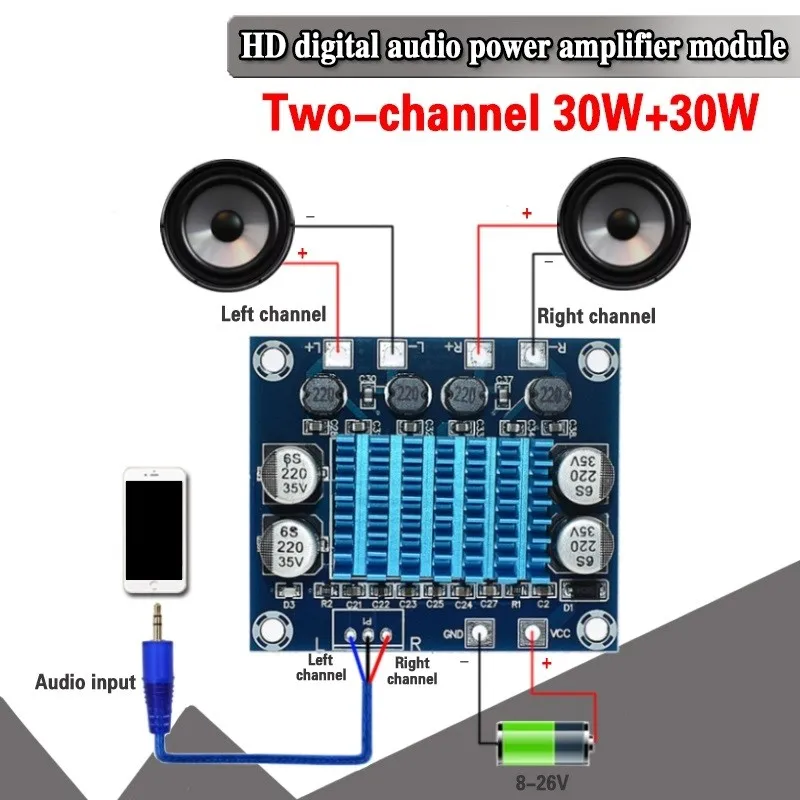 XH-A232 TPA3110 30W+30W 2.0 Channel Digital Stereo Audio Power Amplifier Board Module DC 8-26V 3A C6-001 For Arduino TV Speaker aokin tpa3110 pbtl mono digital power amplifier board 30w power amplifier module digital power amplifier 8 26v dc