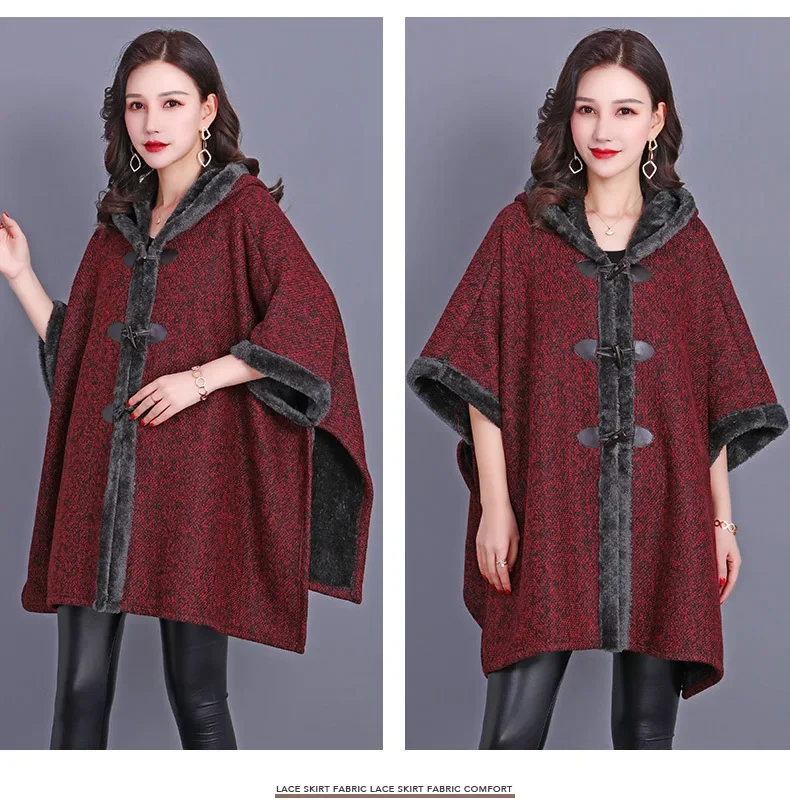 Description Picture 3 of item5 Color Women Winter Thick Warm Cloak Loose Horn Button Poncho Hat Big Pendulum Cape Oversize Cloak Long Coat With Velvet Lining