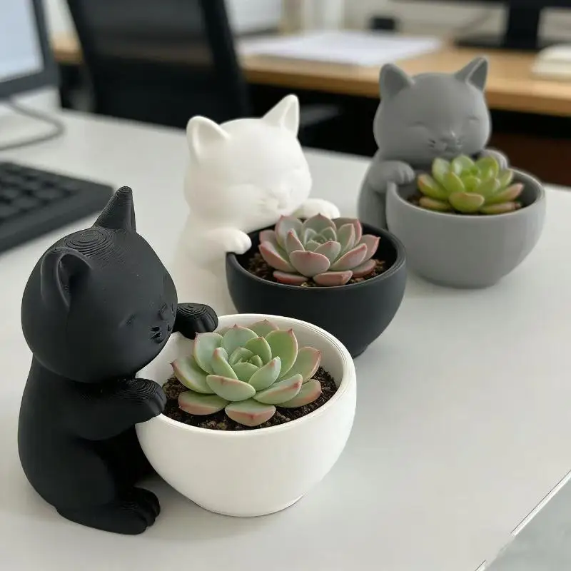 Katzenförmiger Topf mit Drainagelöchern, einzigartig gestaltet für Sukkulenten, kleine Blumen und Kakteen, als Dekoration für Schlafzimmer, Büros und Schreibtische – Detail 3