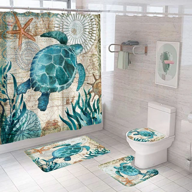 Sea Turtle Shower Curtain Green Ocean Turtle Beach Nautical Landscape Bath  Curtain Polyester Fabric Bathroom Accessories Hooks - Shower Curtains -  AliExpress