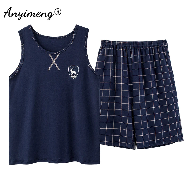 موضة بيجامة مجموعة الرجال الصيف السراويل منقوشة أسفل سترة دون أكمام قطعتين الرجال ملابس نوم رياضية التطريز شارة كول منامة 6