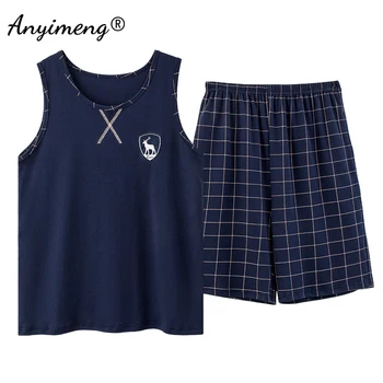 موضة بيجامة مجموعة الرجال الصيف السراويل منقوشة أسفل سترة دون أكمام قطعتين الرجال ملابس نوم رياضية التطريز شارة كول منامة 6