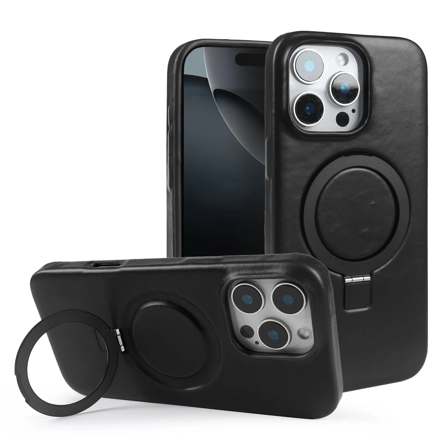 Premium Genuine Leather Stand Case with Magnetic Holder - Full Coverage Phone Cover