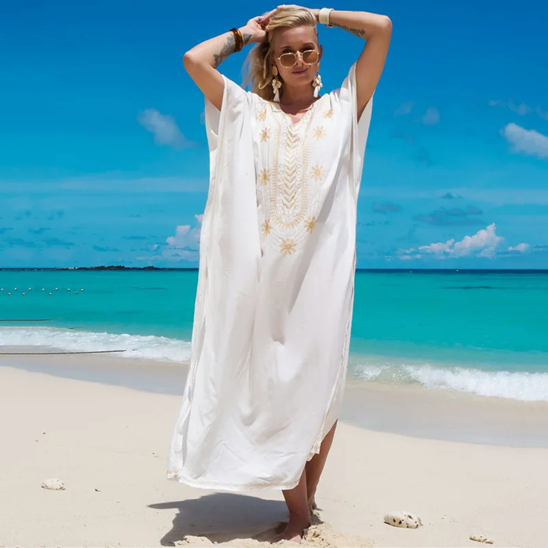 Embroidery Loose Beach Cover Up Saida De Praia Swimsuit Women Bikini Cover Up Tunics for Beach Pareo Sarong Beachwear