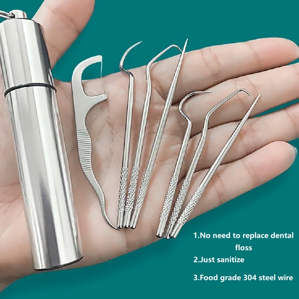 1SetMetalStainlessSteelToothpickSetOralCleaningToothFlossing