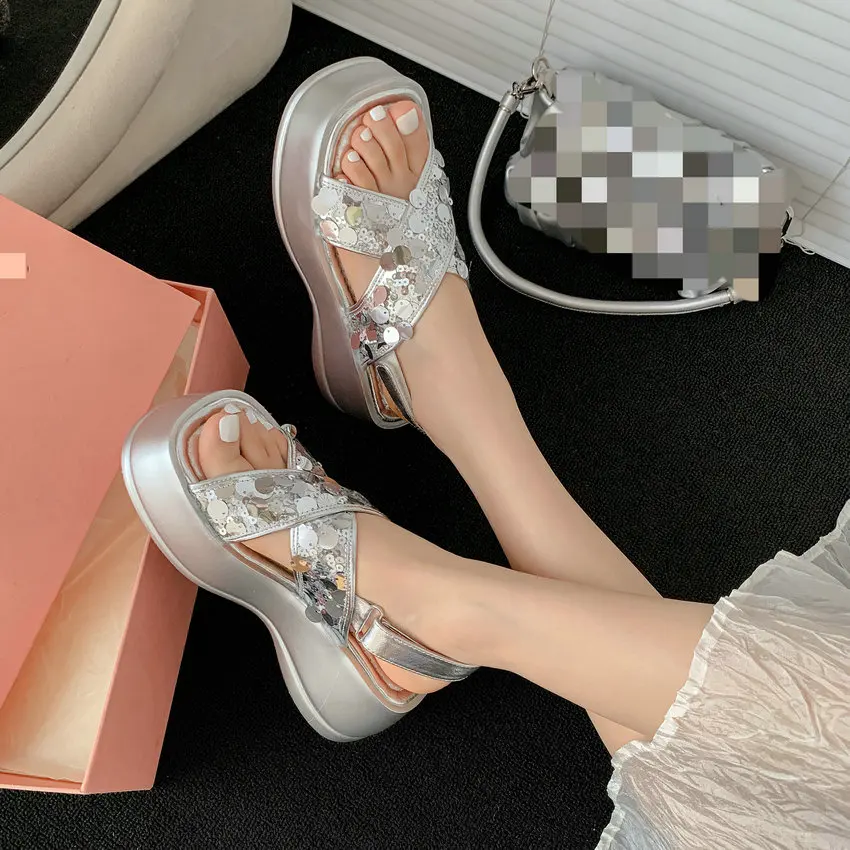 QUTAA Gold Silver Party Wedding Shoes For Women Wedge High Heels Prom Pumps Sexy Slingbacks Sandals Size 34-39