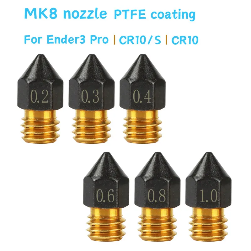 

5PCS Upgrade MK8 Nozzle PTFE Coated Brass 0.2/0.3/0.4/0.6/0.8/1.0mm M6 Threaded Nozzle For 1.75mm Ender3 Pro CR10/S Hotend