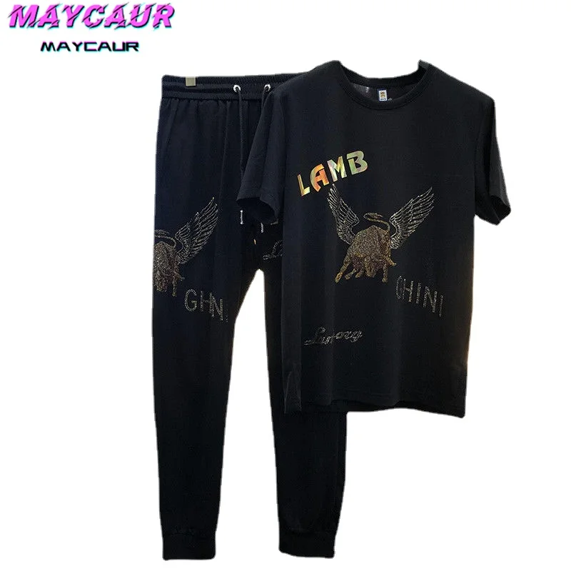 

Summer Men's Suit, Black Hot Diamond Short Sleeve T-Shirt Lace-Up Trousers, Korean Style Fashionable Athleisure Two-piece Set