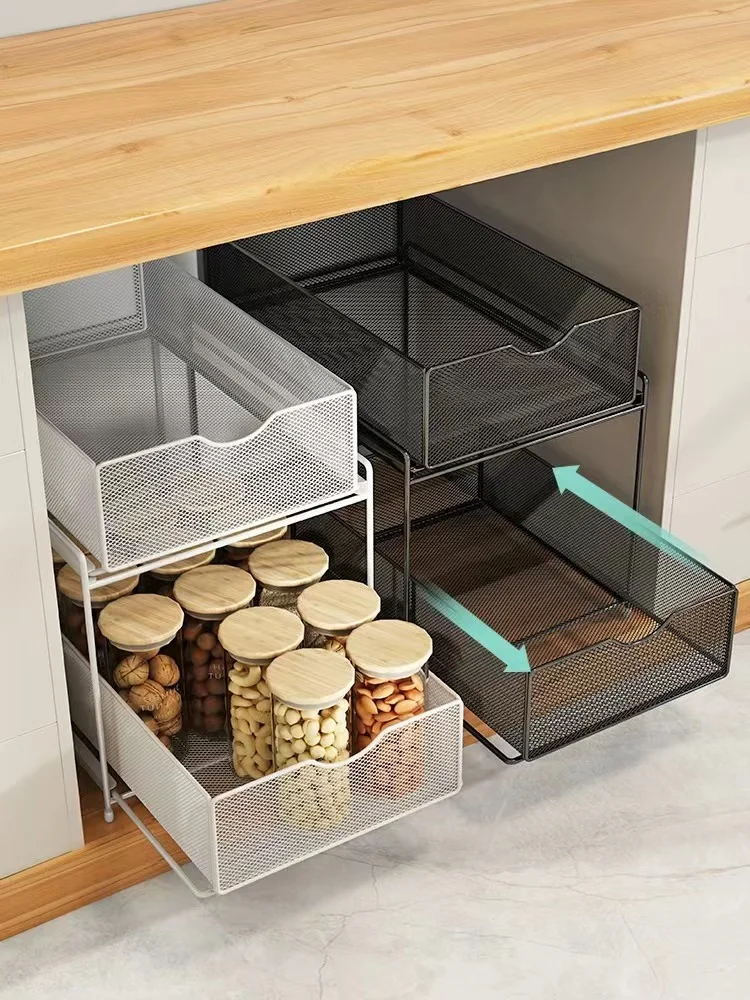 Large Kitchen 2 Tier Sliding Cabinet Basket Pull Out Organizer Drawer Pantry  Under Sink Desktop Storage Dish Rack - AliExpress