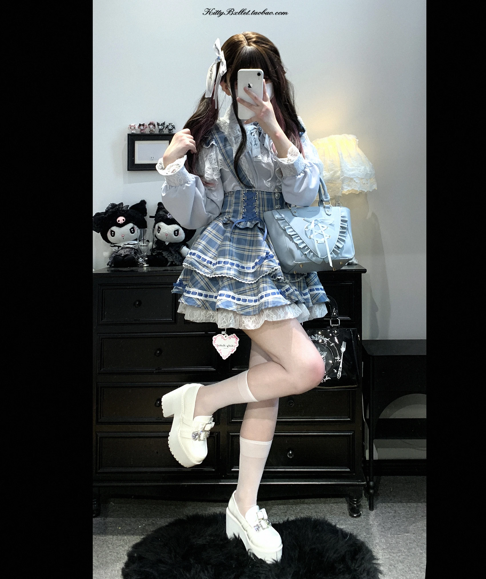 Japanese Mine Style Sweet Versatile Suspender Skirts Lace Splicing Flying Sleeve Bow Heart Button High Waist Plaid Skirt Women