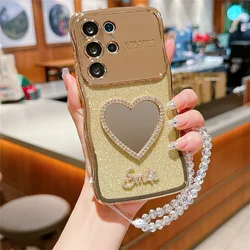 Love Heart Makeup Mirror Shiny Case with Crystal Wrist Chain Cover - Galaxy S25 Edge (Gold)