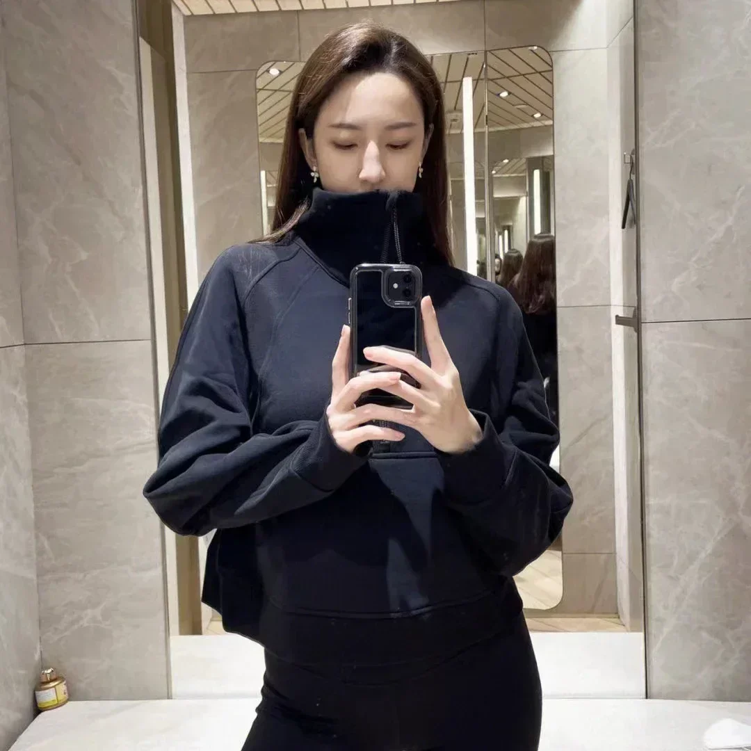 Lemon Women Scuba Half Zipper High Collar Hoodie Long Sleeve Thickened Warm Training Sports Gym Outdoor Yoga Jacket