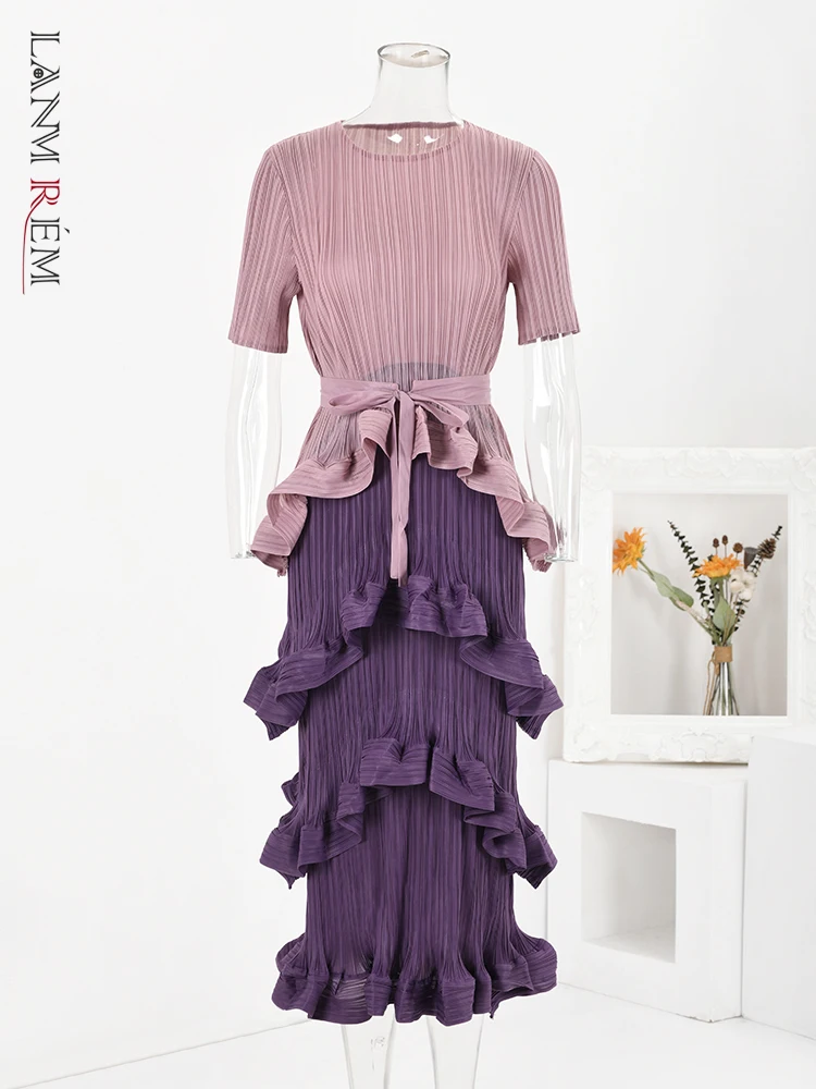 

LANMREM Ruffles Pleated Long Dress Women Contrast Color Patchwork Belt Gathered Waist Dresses Fashion 2024 Spring New 32A178