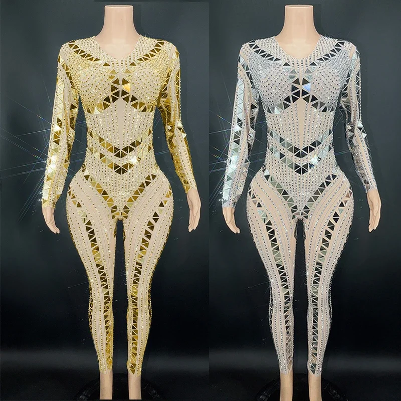 

Gold Silver Sequins Mirrors Jumpsuit Sexy Pole Dance Clothing Women Singer Stage Show Rave Outfit Drag Queen Costume