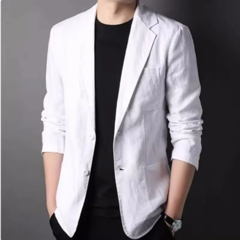 Fashion Coat Men's Linen Blazer Spring Autumn Cotton Jacket Solid Slim Casual Business Suit Male Tops European-style Dress