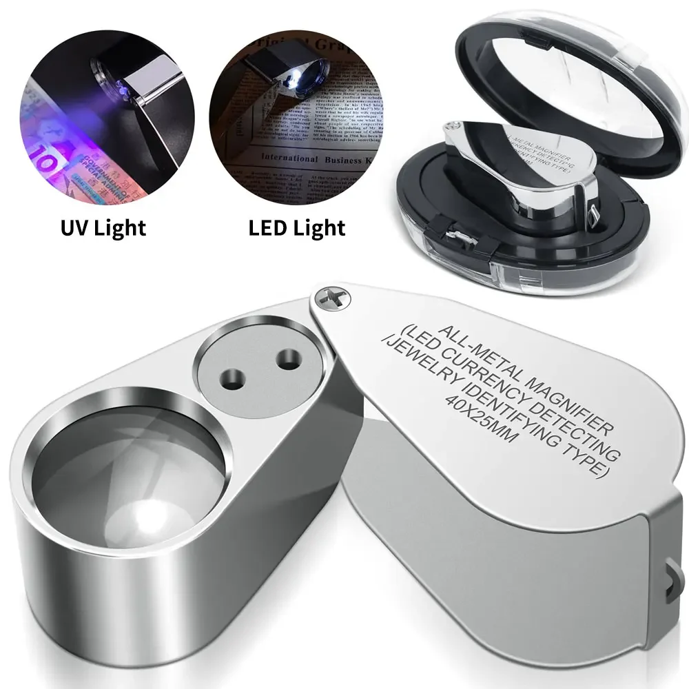 

40X Illuminated Jewelry Magnifying Glass 25mm Pocket Handheld Loupe Magnifier Folding LED UV Light Lupa Watch Repair Eye Lens