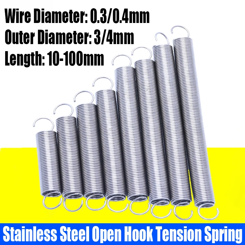 

5/10PCS 0.3/0.4mm Wire Dia 304 Stainless Steel Open Hook Tension Spring S Hook Extension Spring Coil Pullback Spring L=10-100mm