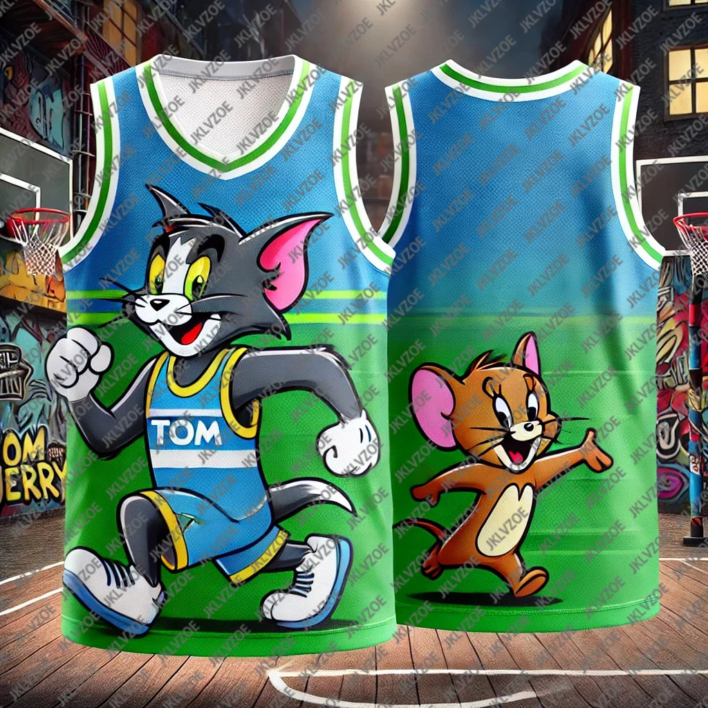 Men's And Women's Basketball Vests American Classic Anime Sports Quick Drying Vest Cat And Mouse Printed Round Neck T-Shirt children vest sportswear tshirt