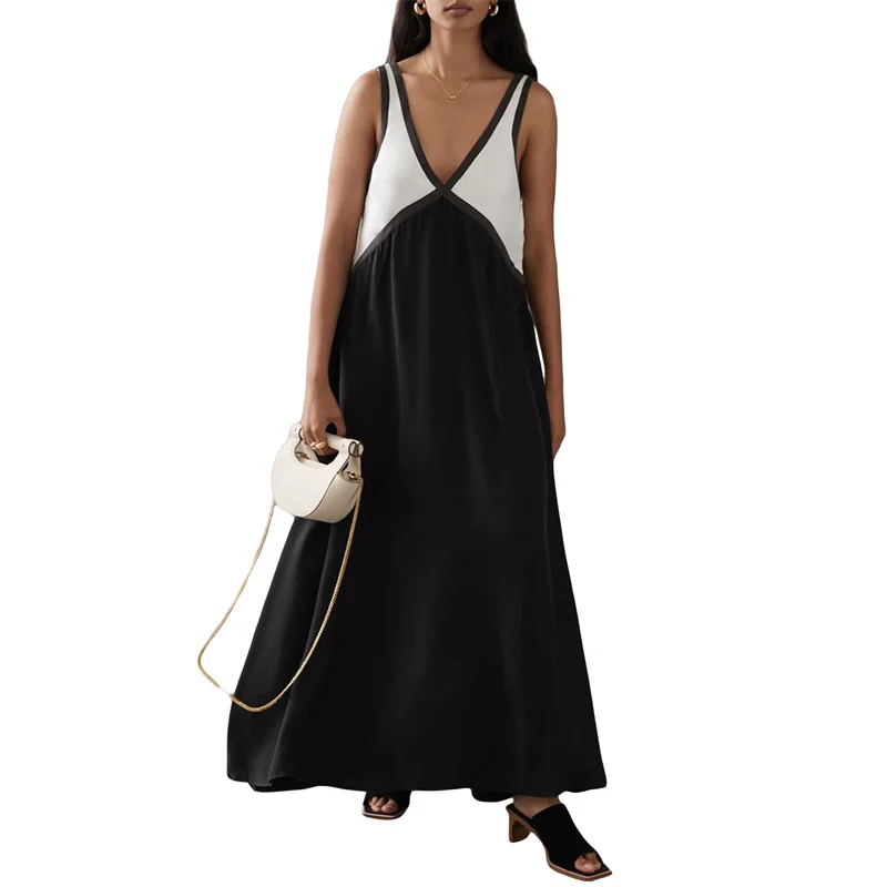Vestido elegante de verano para mujer, con cuello en V, sin mangas, con patchwork de colores contrastantes, largo y sexy para fiesta de noche.