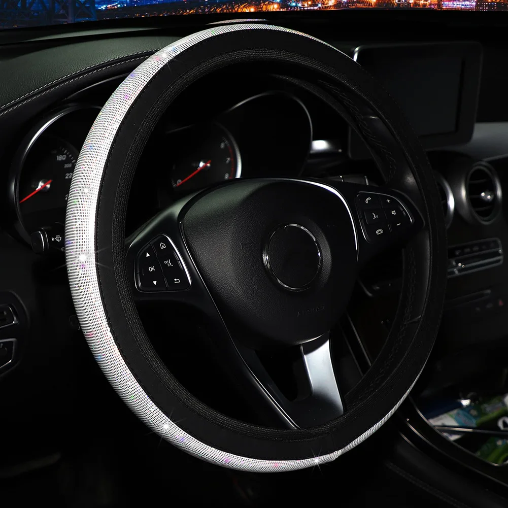 

1set 37-38cm Car Bling Rhinestones Steering Wheel Cover With Crystal Diamond Sparkling Interior White/Silver/Pink/Black