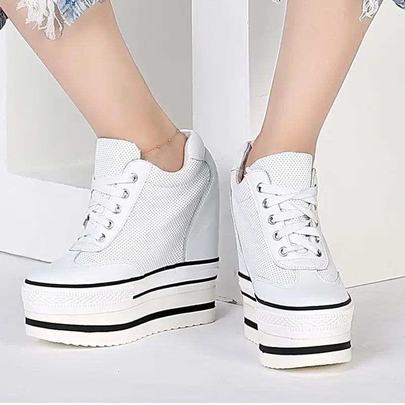 

Krasovki 13cm Genuine Leather Platform Wedge Chunky Shoes Breathable Leisure Hollow Sneakers Summer Super High Heels Women Shoes