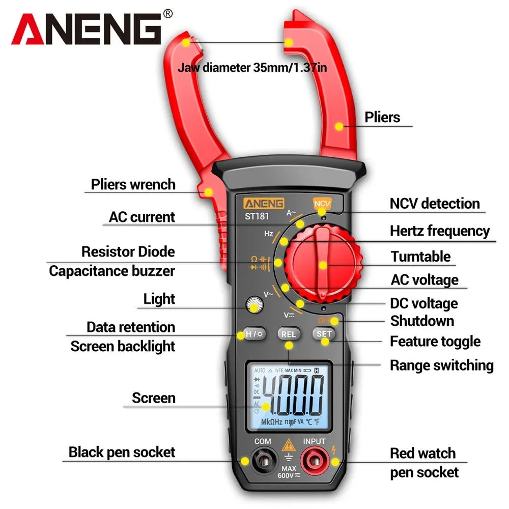 Clamp Meter Digital Multimeter 4000 Counts Current Ammeter Tester DC/AC Voltage Car Amp Hz Capacitance NCV Ohm Test For ANENG ST181 digital multimeter,clamp meter