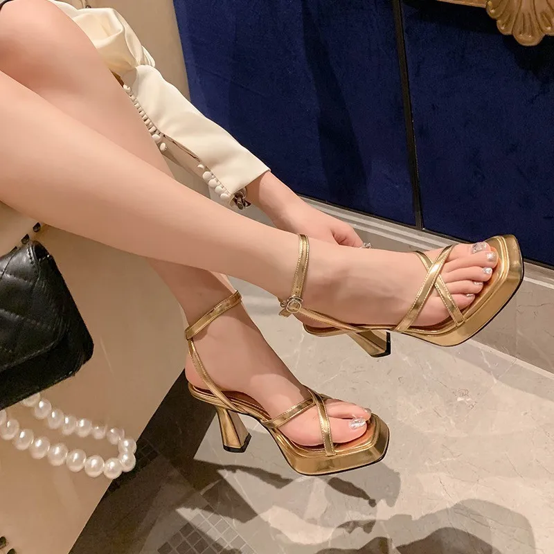 2023 Summer Open Toe Women Sandals Fashion Street Style Narrow Band Thick High Heel Shoes Ladies Elegant Outdoor Shoes