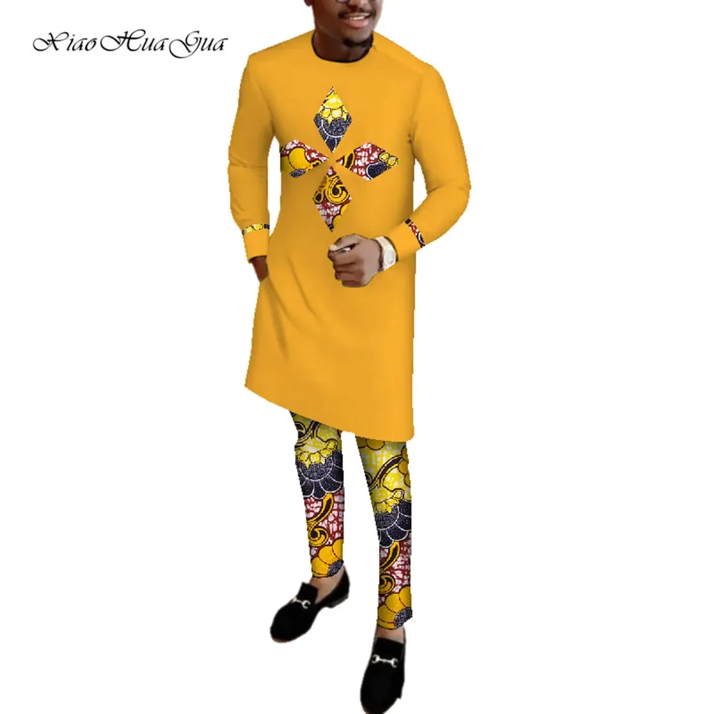 Autumn Mens African Clothing Plus Size Dashiki Men 2 Pieces Shirts and Pant Set Cotton Clothing Long Sleeve O Neck WYN513