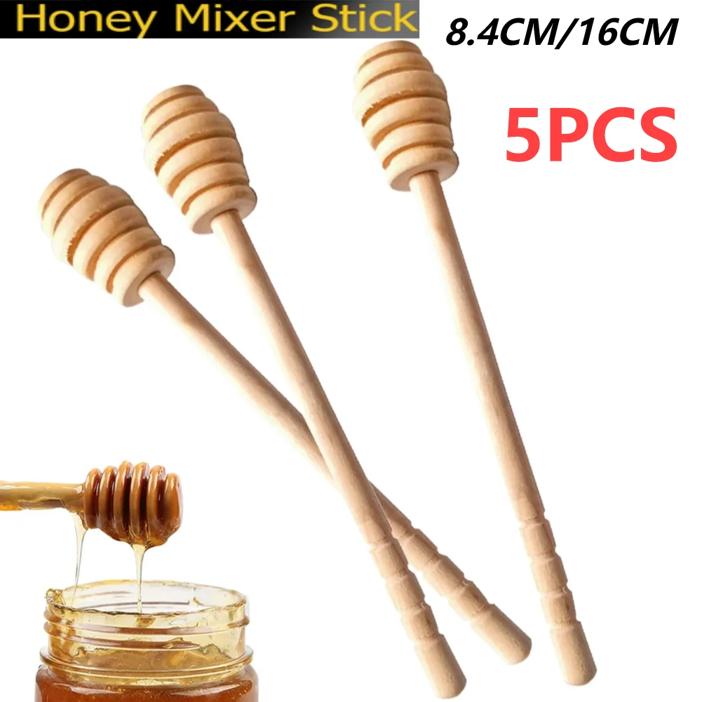 Wooden Spoon 1-5PCS Honey Dipper Stick Long Handle Wood Honey Mixer Stir Practical Bar Spoon 8.4cm/16cm Mixing Stick Kitchen Tools