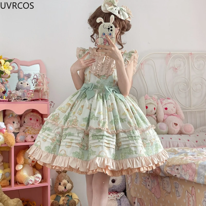 Lolita Dress Lolita Cosplay Costumes Japanese Kawaii Lolita Jsk Dress Women Victorian Retro Ruffle Grape Print Bandage Bow Trailing Princess Dresses Party Mini Dress