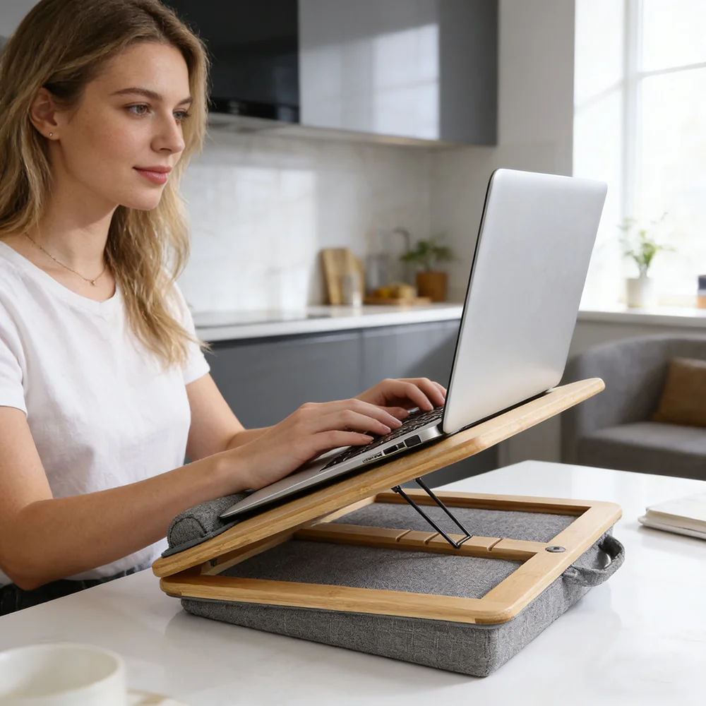 부드러운 쿠션이 있는 대나무 노트북 스탠드, 소파/침대용 각도 조절 가능한 랩 데스크, 가정 사무실용 휴대용 컴퓨터 테이블