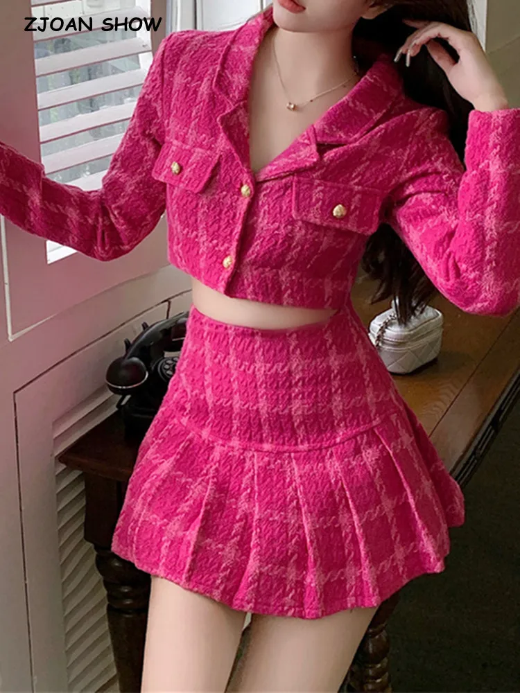 Matching Set Rose Pink Plaid Women Cropped Tweed Blazer High Waist Pleasted Mini Skirts Suits Ladies Fashion 2 Piece Sets