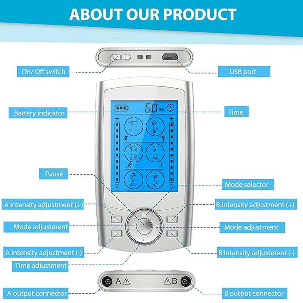 Muscle Stimulator TENS EMS Unit 24 Modes Pain Relief Rechargeable TENS Machine Massager Physical therapy 10 Pads ABS Pads