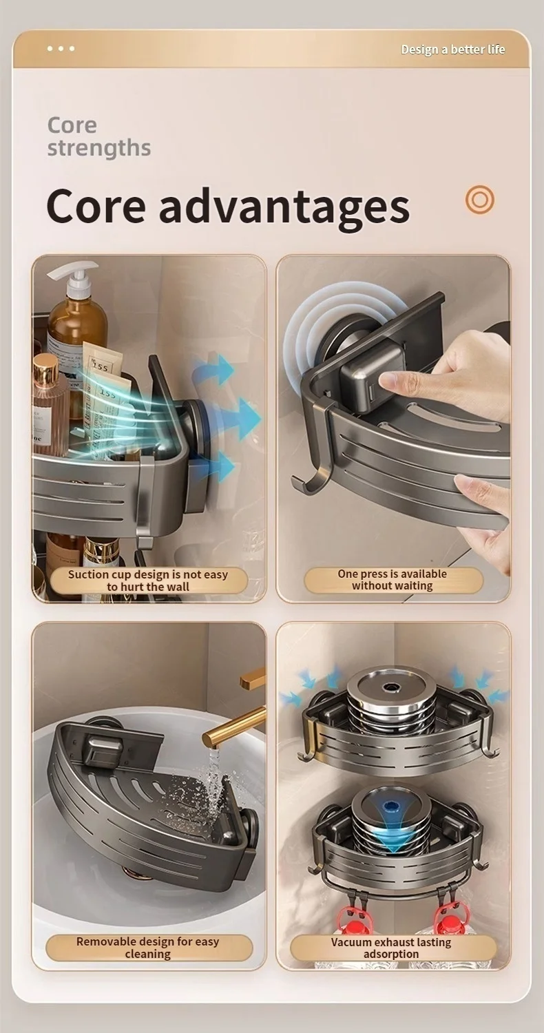 No-Drill Suction Cup Bathroom Suction Shelf Perforation-free Toilet Wall Mounted Shower Gel Triangle Basket Bathroom Shelf_voghion.com