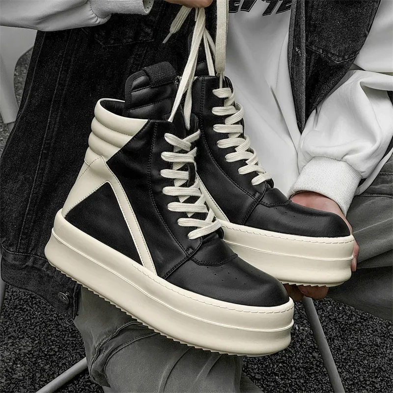 Women Men Platform Sneakers,Round Designer Original High Top Women Shoes,Ankle Boot Leather Chunky Thick Sole Flat Zip Shoes 2