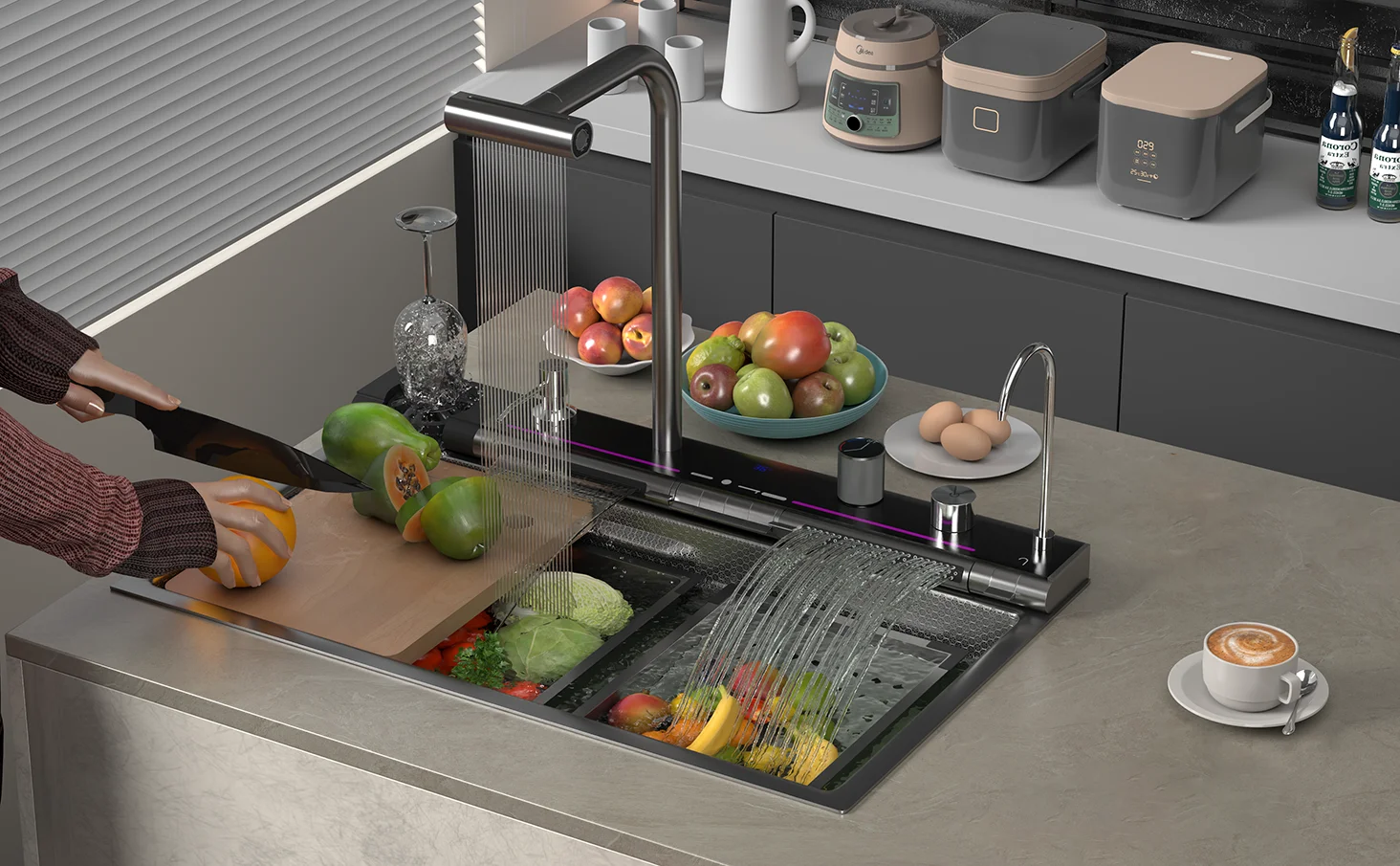 Description Picture 2 of itemStainless Steel Dual Waterfall Kitchen Sink Honeycomb Modern Kitchen Sink Single Bowl Digital Smart Sink with Soap Dispenser