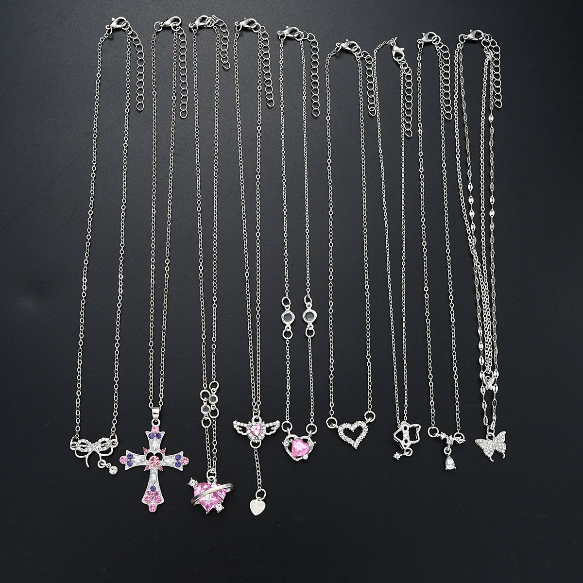 9 Pcs Gothic Y2K Pink Cross Heart Pendant Chain Choker Necklace Set For Women Girl Hip Hop Punk Charms Aesthetic Jewelry Gifts