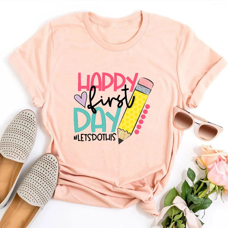 

Happy First Day of School Shirt Gift for Teachers Kindergarten Teacher Graphic Tee Teacher Appreciation Back To School Shirt L