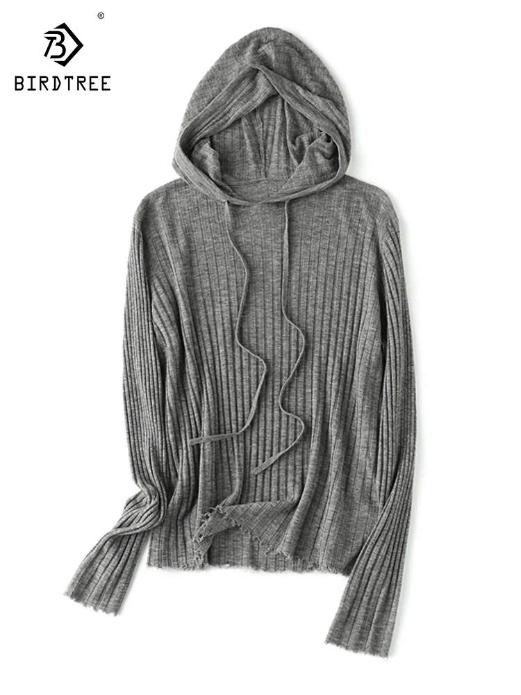 

Birdtree 90% Wool Casual Knit Hoodie Sweater Furry Edges Pit Stripes Versatile Bottom Pullover For Women Autumn Winter T30791QC