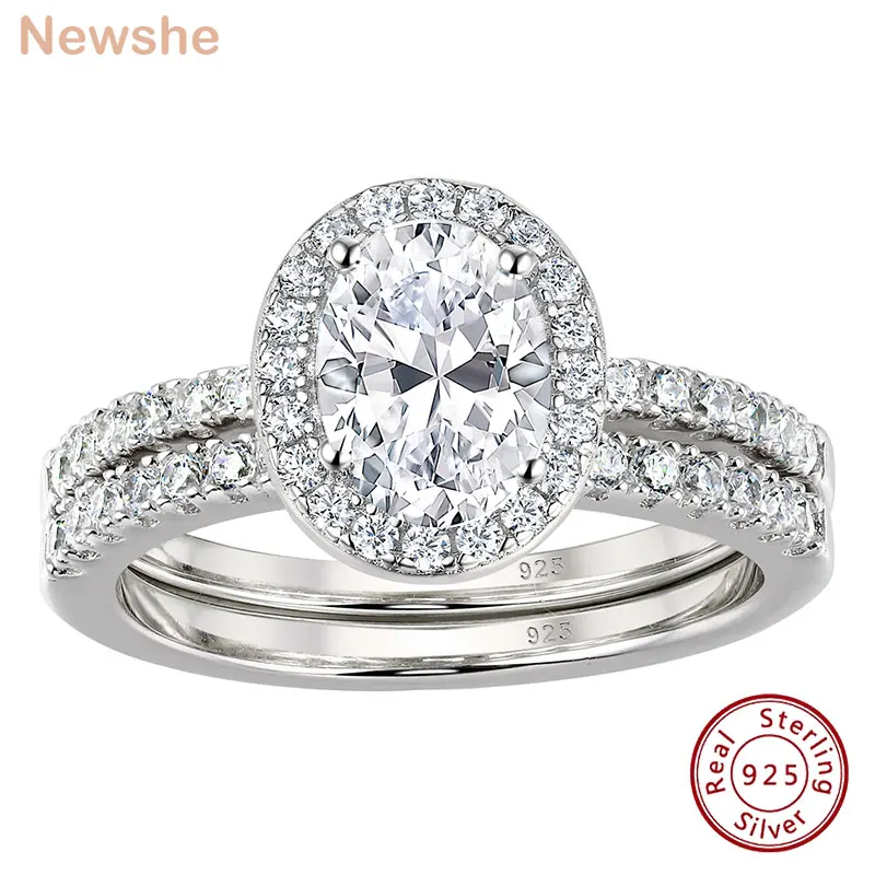 

Newshe 925 Sterling Silver Wedding Rings Set for Women Simulated Diamond 3.2Ct Halo Oval Cut Cubic Zircon Engagement Ring