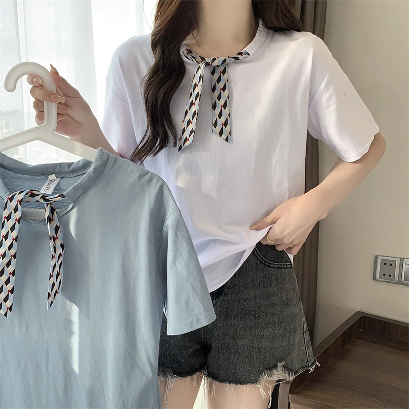 

Женская футболка из 100% хлопка с коротким рукавом, дизайнерский Топ, простая однотонная белая синяя футболка для студентов, женская одежда, новая мода 2023