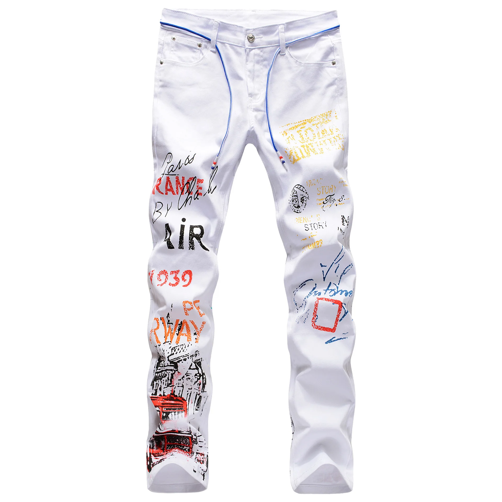 Men\'s Letter Graffiti White Jeans 2023 New Fashion Print Slim Mens Jeans  Skinny Biker Jeans For Man Denim Punk Pants Jean Homme