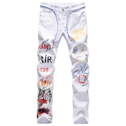 Men's Letter Graffiti White Jeans 2023 New Fashion Print Slim Mens Jeans Skinny Biker Jeans For Man Denim Punk Pants Jean Homme