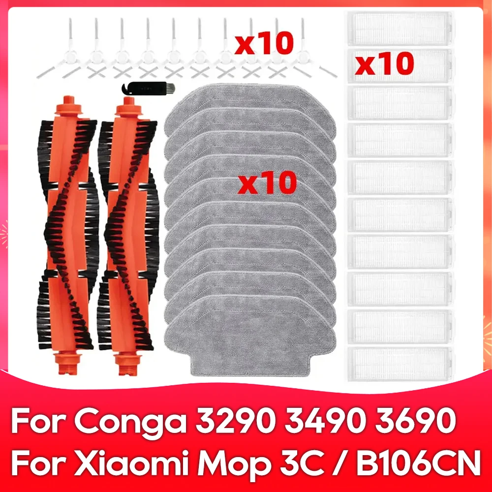 Compatible avec Xiaomi Mijia Robot Vacuum Mop 3C / B106CN / Conga 3290 / 3490 / 3690 Rouleau Brosse Latérale Filtre Chiffons de Nettoyage Accessoire Pièce de Rechange