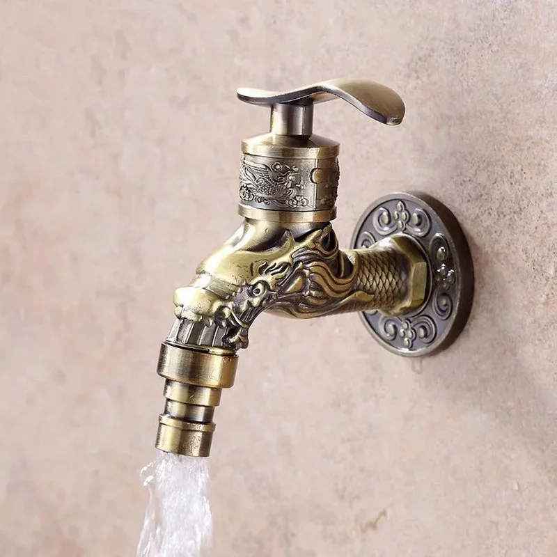 Carved Wall Mount Zinc Alloy Antique Bibcock Garden Wash Basin Faucet Decorative Outdoor Garden Mop Taps garden bibcocks water tap faucet