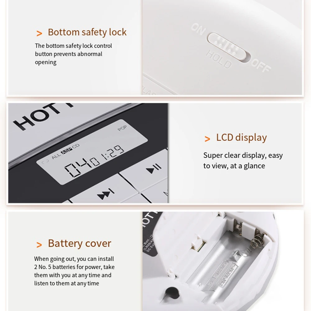 Portable CD Player HOTT CD511 Personal Compact Disc Player with LCD Display Stereo Earbuds and USB Charging Cable