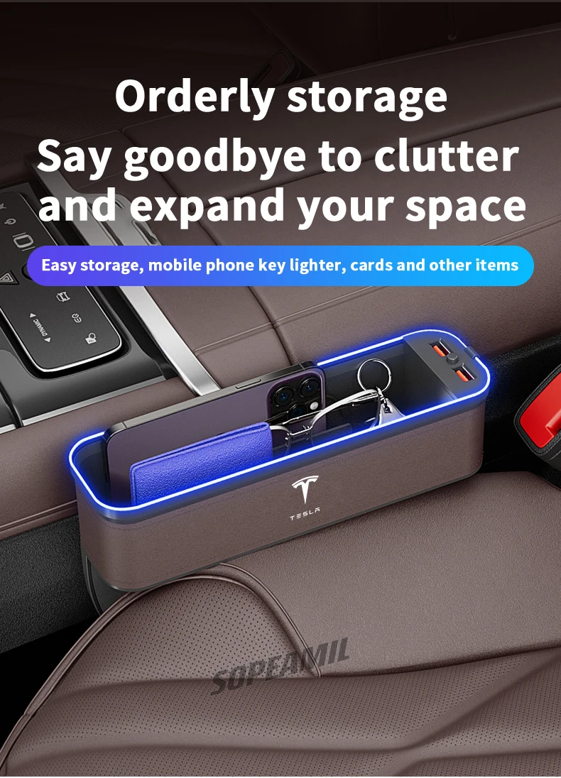 Car USB Charging Multifunction Crevice Storage Box Seat Gap Box For Tesla Cybertruck Roadster Model 3 Model Y Model S Model X