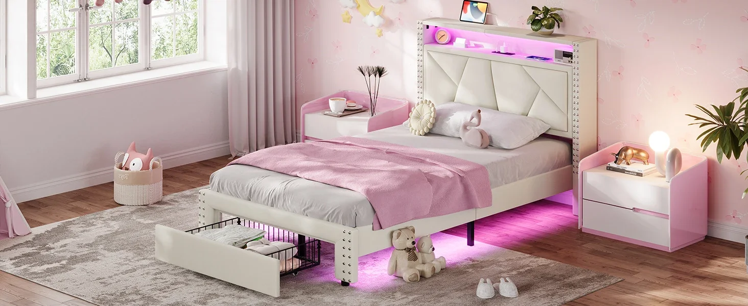 white twin bed frame with led lights