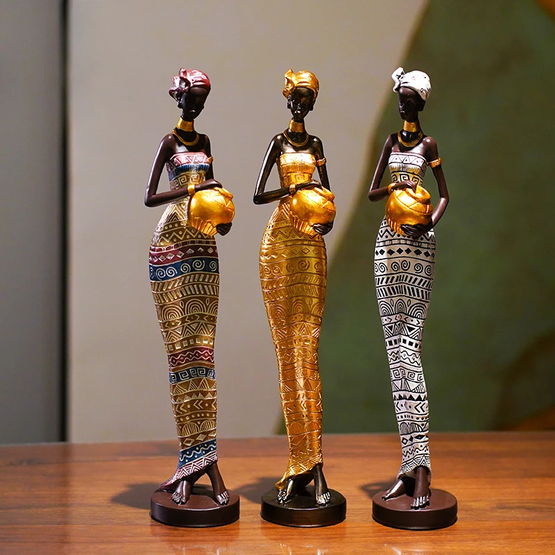 

Resin Painted Black Statue Decor Figurines Retro African Women Holding Pottery Pots Home Bedroom Desktop Collection