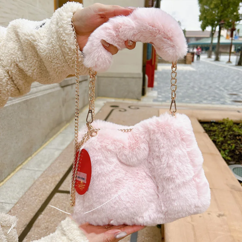 Original Disney LinaBell Plush Women Shoulder Bag Shanghai Disneyland Park Winter Plush Pink Crossbody Zipper Storage Handbag 5